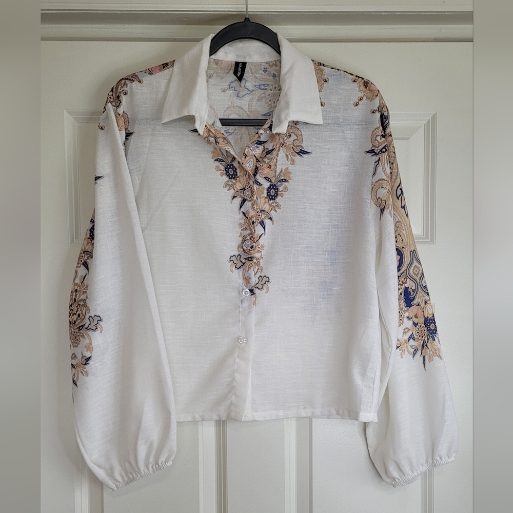 Made In Italy Linen-Blend Boho Print Blouse - See Measurements